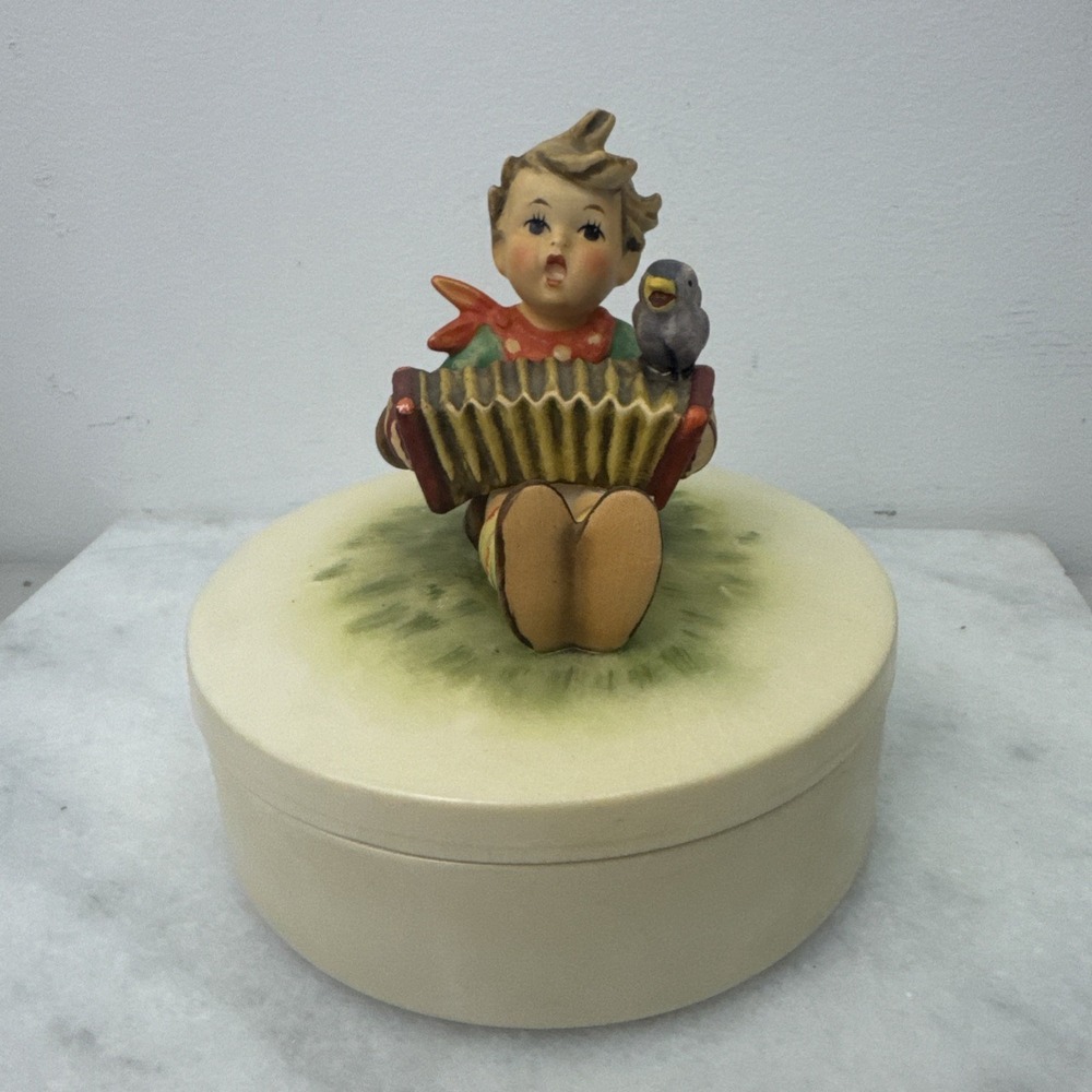 Vintage Goebel MJ Hummel Round Trinket Box Boy Accordion Germany Signed
